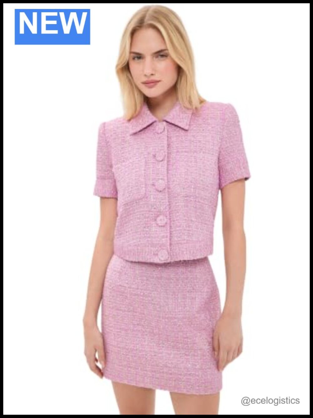 Cropped Tweed Jacket with Padded Shoulders Short Sleeve Button Placket